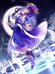  1girl bisonbison capelet crescent dress floating floating_book full_moon hat lights long_hair magic_circle moon night open_clothes open_coat patchouli_knowledge purple_dress purple_hair sky solo striped striped_dress touhou violet_eyes 