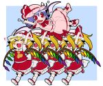  &gt;_&lt; 5girls arms_up ascot bat_wings blonde_hair blue_hair carrying eichi_yuu fang flandre_scarlet four_of_a_kind_(touhou) hat hat_ribbon heart multiple_girls open_mouth pointy_ears puffy_sleeves red_eyes remilia_scarlet ribbon running shirt short_sleeves siblings sisters skirt touhou vest wings 