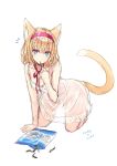  1girl alice_margatroid all_fours animal_ears blonde_hair blue_eyes blush cat_ears cat_tail hairband kemonomimi_mode looking_at_viewer nabeshima_tetsuhiro simple_background solo tail touhou white_background 