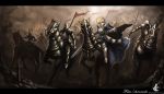  1girl armor armored_dress army artist_name blonde_hair dzhang13 fate/stay_night fate_(series) faulds gauntlets highres horse saber soldiers sword watermark weapon 