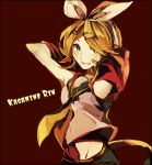  1girl blonde_hair bow character_name grin hair_bow hair_ornament hairclip hands_on_headphones headphones kagamine_rin looking_at_viewer midriff smile solo vocaloid yuuichi_(bobobo) 