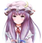  1girl blush bust capelet crescent dress hair_ribbon hat kuroganeruto long_hair looking_at_viewer open_clothes open_coat patchouli_knowledge pink_eyes purple_dress purple_hair ribbon simple_background solo striped striped_dress touhou tress_ribbon white_background 