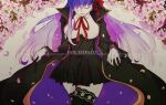  1girl axxqyu bb_(fate/extra_ccc) black_legwear breasts closed_eyes fate/extra_ccc fate_(series) flower hair_ribbon lace lace-trimmed_thighhighs large_breasts long_hair purple_hair ribbon solo thigh-highs very_long_hair 