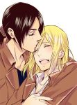  2girls arm_around_neck black_hair blonde_hair christa_renz closed_eyes couple forehead_kiss freckles happy jacket kiss multiple_girls peeco shingeki_no_kyojin short_hair ymir_(shingeki_no_kyojin) yuri 