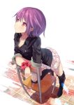  1girl boots chair leaning original purple_hair red_eyes short_hair skirt solo yoo_(tabi_no_shiori) 