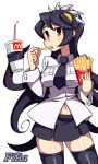  1girl akai_hirofuta black_hair black_legwear breasts drink eating extra_mouth filia_(skullgirls) food french_fries large_breasts long_hair mcdonald&#039;s navel prehensile_hair red_eyes samson_(skullgirls) school_uniform skirt skullgirls solo thigh-highs 