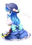  1girl blue_eyes blue_hair bow chipika food fruit hat highres hinanawi_tenshi long_hair looking_back peach simple_background sitting solo touhou white_background 