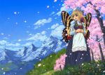  blonde_hair blue_eyes butterfly_wings cherry_blossoms clouds dress flower genshi grass hat mountain original pointy_ears short_hair sky smile tree wings 