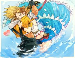  1boy 1girl armband blonde_hair brown_hair couple final_fantasy final_fantasy_x final_fantasy_x-2 gloves hetero hug midriff partially_submerged short_shorts shorts siori tan tears tidus water yuna 