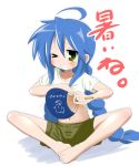  1girl blue_hair braid casual fan green_eyes izumi_konata long_hair lucky_star mizushima_(p201112) wink 