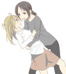  2girls christa_renz clothes_grab hachiko_(hati12) hand_on_head holding long_sleeves looking_at_another multiple_girls pants shingeki_no_kyojin short_hair skirt surprised white_background ymir_(shingeki_no_kyojin) 