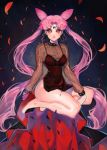  1girl adult aruterra bare_legs bishoujo_senshi_sailor_moon black_lady chibi_usa earrings facial_mark forehead_mark full_body jewelry long_hair long_sleeves looking_at_viewer no_panties orange_eyes petals pink_hair red_shoes see-through shoes side_slit slit_pupils solo very_long_hair 