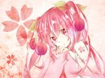  1girl cherry clow detached_sleeves food fruit hatsune_miku headset pink_eyes pink_hair sakura_miku sitting solo thigh-highs vocaloid 