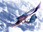  1girl arm_cannon brown_hair cape chipika clouds flying outstretched_arms red_eyes reiuji_utsuho sky smile solo spread_arms touhou weapon wings 