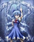  1girl bare_legs blue_dress blue_eyes blue_hair blush cirno dress english fairy hair_ornament hair_ribbon highres ice pointing pointing_up ray-k ribbon skirt smile solo touhou 