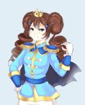  1girl alternate_costume alternate_hairstyle blue_eyes brown_hair cape crossdressinging double_bun drill_hair highvoltage long_hair mei_(pokemon) mini_crown poke_ball pokemon pokemon_(game) pokemon_bw2 prince smile solo twin_drills 