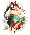  1boy 1girl barefoot black_hair braid chinese_clothes flower gomas hair_ornament hair_rings hair_stick hug jewelry judal long_hair magi_the_labyrinth_of_magic midriff neck_ring red_eyes redhead ren_kougyoku single_braid smile 