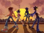  4boys belt brown_hair building cape card city fudou_yuusei jacket jeans male multicolored_hair multiple_boys ricebutton shoes sun tsukumo_yuma yami_yuugi yuu-gi-ou yuu-gi-ou_5d&#039;s yuu-gi-ou_duel_monsters yuu-gi-ou_gx yuu-gi-ou_zexal yuuki_juudai 