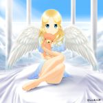  1girl angel angel_wings barefoot blonde_hair blue_hair dress highres legs long_hair original sitting sky smile solo teddy_bear wings 