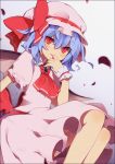  1girl blue_hair dress hat highres looking_at_viewer moffri petals red_eyes remilia_scarlet short_hair smile solo touhou white_background wrist_cuffs 