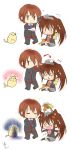  animal_on_head brother_and_sister brown_hair cat cat_on_head chibi doruji highres little_busters!! long_hair myuukichi natsume_kyousuke natsume_rin open_mouth ponytail school_uniform short_hair siblings 