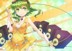  bare_shoulders breasts cleavage goggles goggles_on_head green_eyes green_hair gumi headphones kail microphone navelwrist_cuffs skirt smile solo speaker star symbol-shaped_pupils vocaloid 