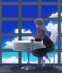  1girl bare_shoulders barefoot blurry book breasts brown_eyes clouds cup depth_of_field dress highres original silver_hair sitting solo table tama_(speedgrapher) window 