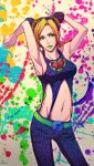  1girl bare_shoulders black_hair blue_eyes braid double_bun jojo_no_kimyou_na_bouken kuujou_jolyne lipstick lunarclinic makeup midriff multicolored_hair solo two-tone_hair 