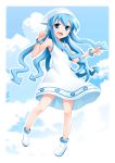  1girl blue_eyes blue_hair clouds dress hat highres ikamusume long_hair looking_at_viewer moegi_nenene open_mouth shinryaku!_ikamusume sky solo tentacle_hair 