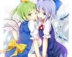  2girls blue_dress blue_eyes blue_hair blush bow cheek-to-cheek cirno daiyousei dress dzuu fairy_wings green_eyes green_hair hair_bow highres ice ice_wings multiple_girls open_mouth puffy_sleeves short_sleeves touhou wings wink 