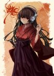  anachronism brown_hair ex flower hakama headphones highres hime_cut japanese_clothes katana kimono original red_eyes sheath sheathed spider_lily sword weapon 