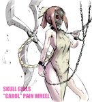  1girl bare_legs blood bloody_clothes breasts brown_hair chain chained collar dress huge_weapon mask nail painwheel_(skullgirls) red_eyes shackle shuriken side_slit sideboob skullgirls solo veins weapon yrafy 