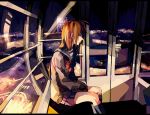  1girl cityscape ferris_wheel kneehighs long_hair night orange_hair original school_uniform sitting skirt solo yuuichi_(bobobo) 