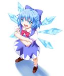  1girl beni_(bluebluesky) blue_eyes blue_hair cirno crossed_arms from_above hair_ribbon ice ice_wings ribbon solo touhou wings 