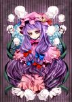  1girl bow crescent dress flower hat highres long_hair patchouli_knowledge purple_hair red_eyes solo touhou touya_yuki violet_eyes 
