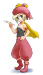 1girl armband bare_shoulders blonde_hair blue_eyes boots final_fantasy final_fantasy_vi flat_chest hand_on_hip hat looking_at_viewer maruchiro paintbrush relm_arrowny shadow simple_background smile solo standing tagme white_background 