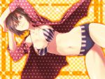  1girl bikini breasts brown_eyes brown_hair checkered checkered_background highres large_breasts looking_at_viewer meiko navel open_clothes open_shirt sanaka777 short_hair smile solo sparkle star swimsuit unmoving_pattern vocaloid 