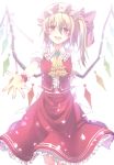  1girl ascot backlighting blonde_hair bow brooch flandre_scarlet hat hat_bow jewelry kikugetsu open_mouth outstretched_arm outstretched_hand petals pink_eyes puffy_sleeves shirt short_sleeves side_ponytail skirt skirt_set smile solo touhou vest wing_ribbon wings wrist_cuffs 