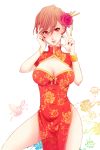  bracelet breasts brown_eyes brown_hair china_dress chinese_clothes cleavage dress earrings floral_print flower hair_flower hair_ornament highres jewelry meiko mmb_1004 nail_polish vocaloid 