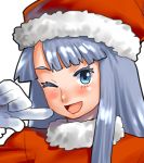  1girl blue_eyes gloves hat long_hair looking_at_viewer lowres maruchiro open_mouth santa_costume santa_hat smile solo tagme wink 
