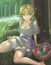  1girl apple barefoot basket blonde_hair bloomer braid dress earrings elf flower food fruit grapes hair_flower hair_ornament highres jewelry legs long_hair nature original pointy_ears river sitting smile solo tree u_nagi yellow_eyes 