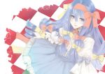  1girl alternate_costume checkered checkered_floor dress hair_ribbon hairband kanot0 long_hair patchouli_knowledge purple_hair ribbon solo touhou violet_eyes 