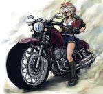  1girl alternate_costume biker black_gloves blonde_hair boots breasts cleavage cross-laced_footwear fingerless_gloves gloves hair_ornament helmet highres jacket knee_boots motor_vehicle motorcycle red_eyes short_hair short_shorts shorts smile smoke solo tetsuringo tiger_stripes toramaru_shou touhou vehicle 