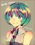  1girl alternate_hairstyle bare_shoulders bob_cut character_name green_eyes green_hair hatsune_miku lowres necktie short_hair smile solo vocaloid yuuichi_(bobobo) 