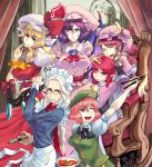  +_+ 6+girls apron bespectacled blonde_hair bowl braid brown_hair chopsticks flandre_scarlet flandre_scarlet_(cosplay) glasses gradient_hair hat hijiri_byakuren holding hong_meiling hong_meiling_(cosplay) izayoi_sakuya_(cosplay) koakuma long_hair looking_at_viewer maid maid_headdress multicolored_hair multiple_girls needle oo_gata_ken open_mouth patchouli_knowledge patchouli_knowledge_(cosplay) pink_eyes pink_hair pointy_ears purple_hair red_eyes remilia_scarlet remilia_scarlet_(cosplay) ribbon saigyouji_yuyuko sakuya_izayoi scalpel short_hair silver_hair sitting smile standing the_embodiment_of_scarlet_devil touhou wink yagokoro_eirin yakumo_yukari yasaka_kanako 