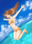  1girl armpits bikini_top brown_eyes brown_hair flower happy jumping legs long_hair navel ocean original sandals shorts sky solo water 