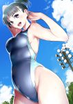  1girl arm_up black_eyes black_hair blush clouds lamp naav one-piece_swimsuit open_mouth original ponytail short_hair short_ponytail sky smile solo swimsuit tree violet_eyes wet 