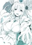  bird blush breasts cat cleavage foreshortening freyja_(p&amp;d) gem hair_ornament hairband jewelry large_breasts leaf monochrome mushi024 necklace outstretched_hand puzzle_&amp;_dragons smile 
