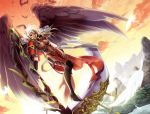  1girl angel_wings armor bird blonde_hair breasts feathers large_breasts long_hair pixiv_fantasia pixiv_fantasia_new_world red_eyes scythe sky smile solo suzune_kotora veil wings 