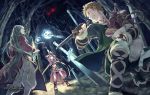  1boy 2girls blonde_hair clenched_teeth dagger dress food forest green_hair long_hair minami_seira monster multiple_girls nature open_mouth pixiv_fantasia pixiv_fantasia_new_world red_eyes short_hair smile staff sword weapon 